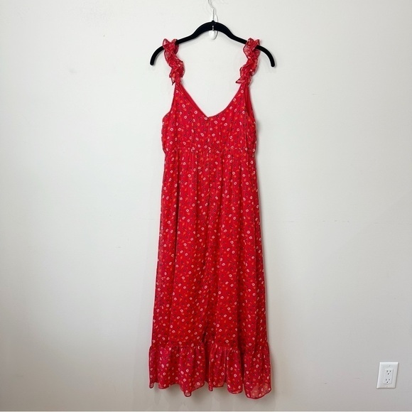 Madewell Ruffle Strap Wrap Dress Metallic Stripes Prairie Posies Red Floral - Picture 4 of 11